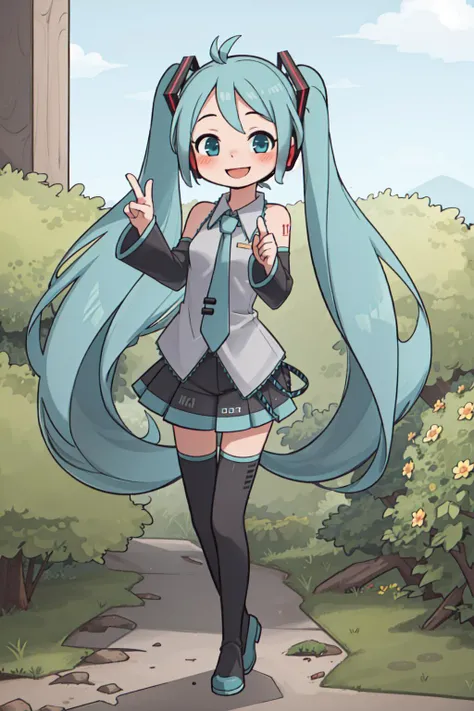 mikudef, 1girl, solo, smile, blush, posing, cute, outdoors, <lora:hatsunemiku1:0.8>