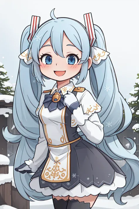 yukimiku2019, 1girl, solo, smile, blush, posing, cute, outdoors, <lora:hatsunemiku1:0.8>