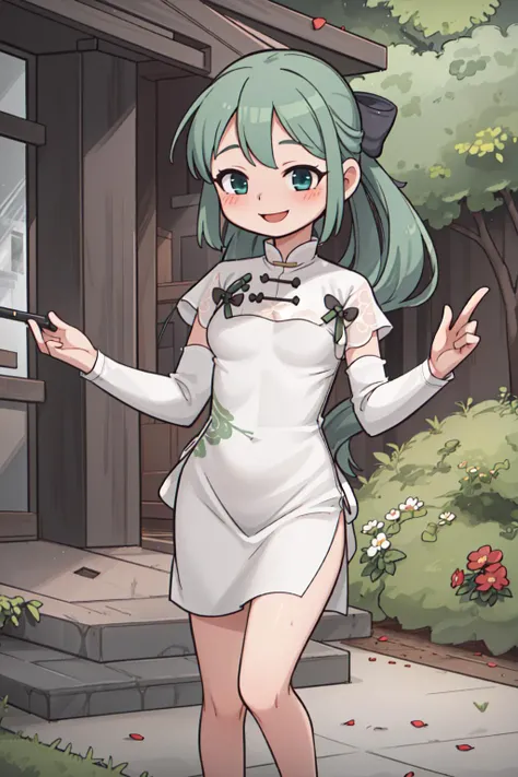 shaohua, 1girl, solo, smile, blush, posing, cute, outdoors, <lora:hatsunemiku1:0.8>