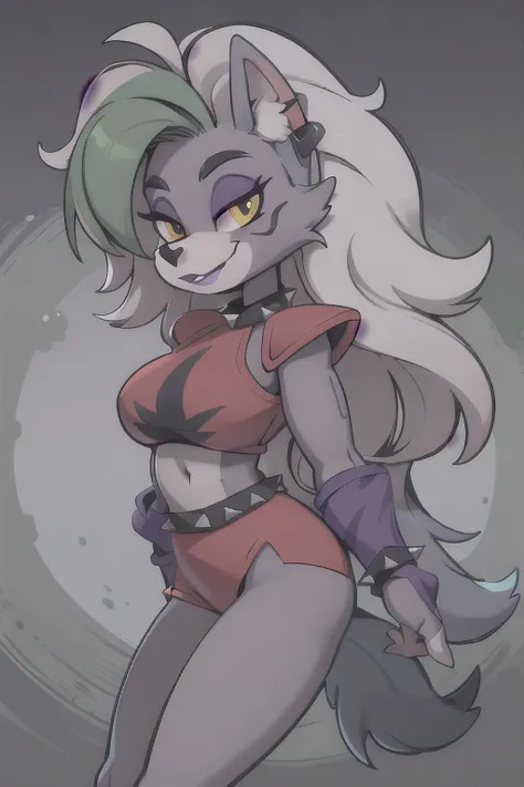 best quality, <lora:fnafsb_roxannewolf-11:1> fnafroxanne, furry female, body fur, makeup, wolf ears, wolf tail, crop top, big breasts, purple lipstick, collar, spikes, jewelry, ear piercing, bracelet, yellow eyes, detailed eyes, <lora:3DMM_V10:0.8> 3DMM, gray hair, green bang, gray fur, fur covered body, purple lipstick, smile,