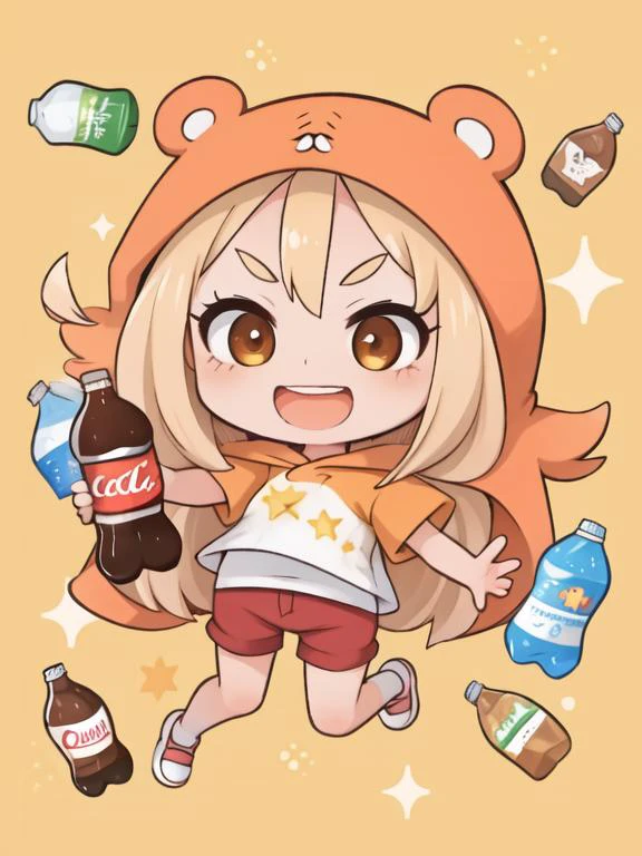 masterpiece, best quality,
yellow background, polka dot background,
(chibi:1.2),
1girl, full body, (jitome:1.2), jumping, v-shaped eyebrows, big mouth, open mouth, happy, coke, soda bottle,
doma umaru, orange hood, white shirt, red shorts
<lora:himoutoumaru-chan_doma-10:0.8>