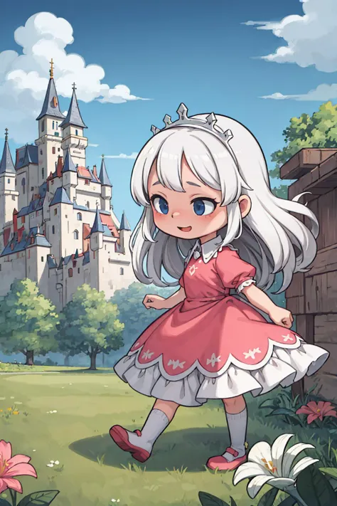 ((best quality, masterpiece)),
1girl, princess pink dress, flowers, white messy hair,  outdoor, clouds on background,fantasy, medieval, castle on background
<lora:more_details:0.5>