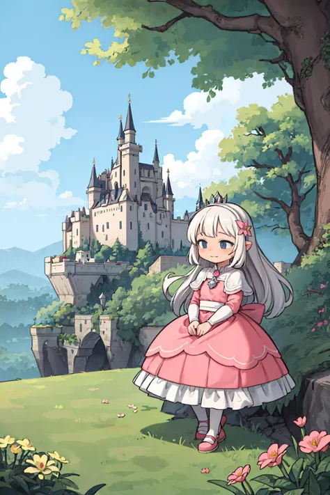 ((best quality, masterpiece)),
1girl, princess pink dress, flowers, white messy hair, outdoor, clouds on background,fantasy, medieval, castle on background
<lora:more_details:0.5>