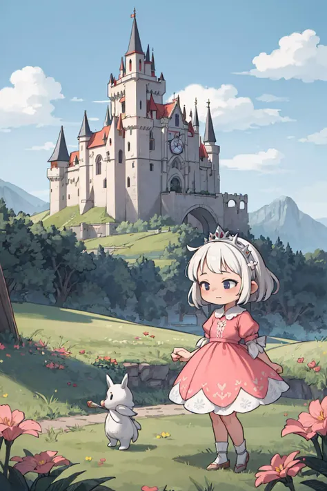 ((best quality, masterpiece)),
1girl, princess pink dress, flowers, white messy hair,  outdoor, clouds on background,fantasy, medieval, castle on background
<lora:more_details:0.5>