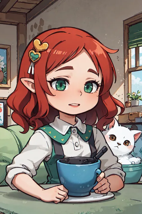 (masterpiece, high quality, best quality:1.3), Detailed, 25 year old girl, (elf), (Red-headed:1.4), almond eyes, green eyes, long hair, [curly hair], eye shadow makeup, 162cm tall, oval face, snub nose, heart-shaped lips, arched eyebrows, <lora:breastsizeslideroffset:0>,