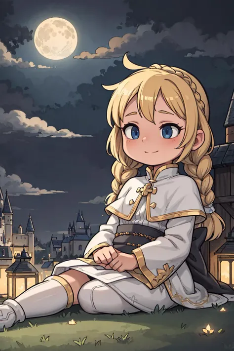 ((best quality, masterpiece)),
1girl, white and gold armor, blonde braided hair, moon light , ((full moon):0.5), outdoor, clouds on background,fantasy, medieval, castle on background
<lora:more_details:0.5>