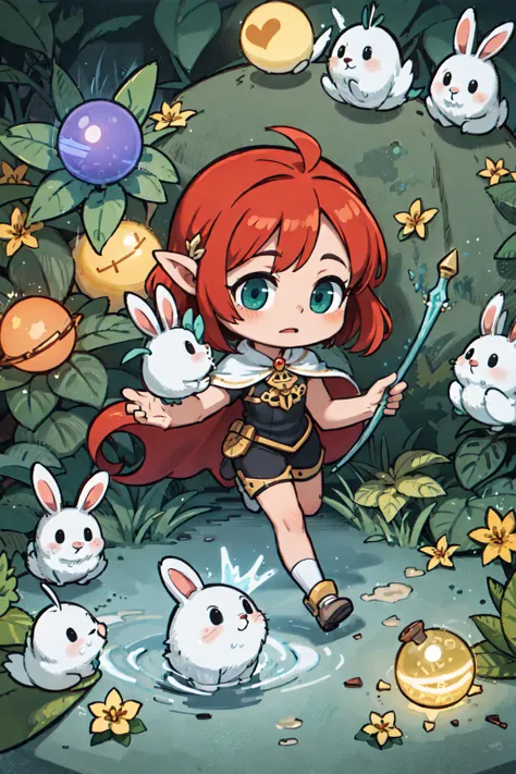 elfmage, elegantoutfit, flowingcape, (flowergarden:1.1), mysteriousforest, magicorb, (elven ears:1.2), (glowingspeellines:0.8), floatingrunes, (softlight:1.1), (blue eyes:green eyes:0.4), animalcompanion:squirrel, white rabbit.,, (masterpiece, high quality, best quality:1.3), Detailed, 25 year old girl, (elf), (Red-headed:1.4), almond eyes, green eyes, long hair, [curly hair], eye shadow makeup, 162cm tall, oval face, snub nose, heart-shaped lips, arched eyebrows, <lora:breastsizeslideroffset:0>,