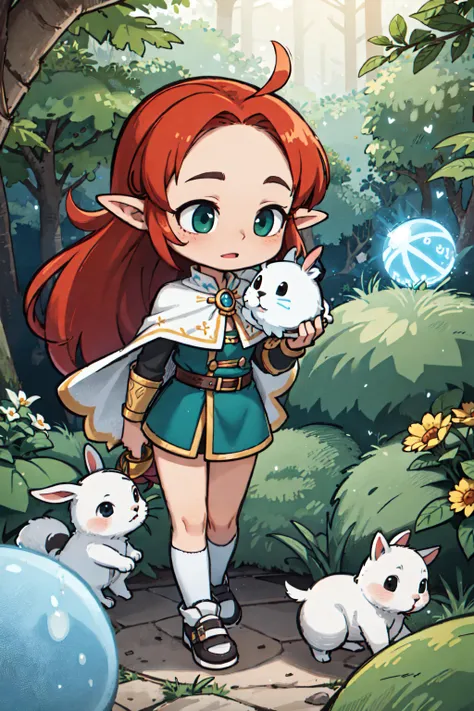 ElfMage, ElegantOutfit, FlowingCape, (long silver hair)(flowergarden), mysteriousforest, magicorb, (Elven ears:1.2), (Glowingspeellines:0.8), floatingrunes, (softlight), (Blue eyes:Green eyes:0.4), animalcompanion:(squirrel), (White rabbit).,, (masterpiece, high quality, best quality:1.3), Detailed, 25 year old girl, (elf), (Red-headed:1.4), almond eyes, green eyes, long hair, [curly hair], eye shadow makeup, 162cm tall, oval face, snub nose, heart-shaped lips, arched eyebrows, <lora:breastsizeslideroffset:0>,