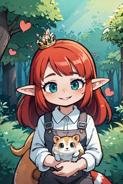 pink dress, flower crown, whimsical, smiling, pointed ears, forest background, soft lighting, dappled sunlight, mushrooms, fairies flying around, butterflies, magical atmosphere, bright colors, enchanted forest, cute, charming, fantasy realm, animal companions: squirrel, (overall mood: whimsical), (overall theme: enchantment), (overall style: illustrative),, (masterpiece, high quality, best quality:1.3), Detailed, 25 year old girl, (elf), (Red-headed:1.4), almond eyes, green eyes, long hair, [curly hair], eye shadow makeup, 162cm tall, oval face, snub nose, heart-shaped lips, arched eyebrows, <lora:breastsizeslideroffset:0>,