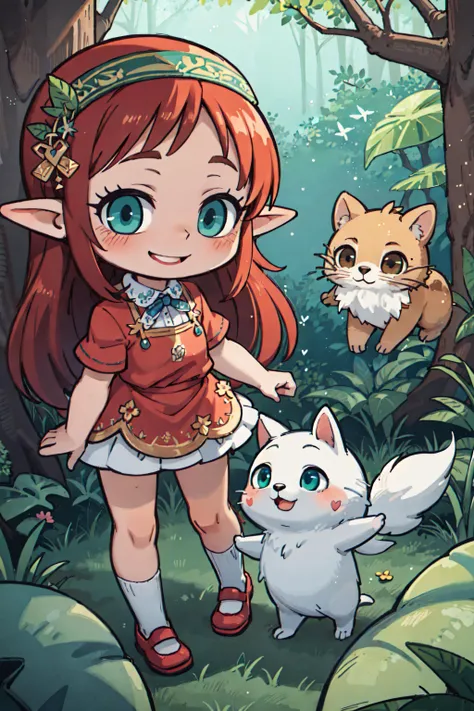 [elf], [pink dress], [flower crown], [whimsical], [smiling], [green eyes], [pointed ears], [forest background], [soft lighting], [dappled sunlight], [mushrooms], [fairies flying around], [butterflies], [magical atmosphere], [bright colors], [enchanted forest], [cute], [charming], [fantasy realm], [animal companions: squirrel], [overall mood: whimsical:1.5], [overall theme: enchantment:1.8], [overall style: illustrative:1.7].,, (masterpiece, high quality, best quality:1.3), Detailed, 25 year old girl, (elf), (Red-headed:1.4), almond eyes, green eyes, long hair, [curly hair], eye shadow makeup, 162cm tall, oval face, snub nose, heart-shaped lips, arched eyebrows, <lora:breastsizeslideroffset:0>,