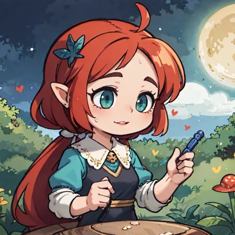 cute, whimsical, adorable, fantasy, fairy, elf, forest, nature, mushrooms, flowers, butterflies, sparkles, moonlight, starry night, magical, enchanted,, (masterpiece, high quality, best quality:1.3), Detailed, 25 year old girl, (elf), (Red-headed:1.4), almond eyes, green eyes, long hair, [curly hair], eye shadow makeup, 162cm tall, oval face, snub nose, heart-shaped lips, arched eyebrows, <lora:breastsizeslideroffset:0>,