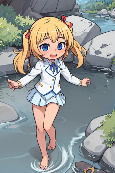 ((masterpiece)), (best quality), official art, extremely detailed CG, unity 8k wallpaper, ultra detailed, highly detailed, detailed background, vivid color, photorealistic, perfect lighting, best illumination,
sakurada_hikari, flat chest, blue eyes, blonde hair, long hair, twintails, shirt, red hair ribbon, bow, blue ribbon, white skirt ,white blazer, (barefoot:1.5), (river:1.5), mountain, nature,
<lora:sakurada_hikari_ver1.0:0.65>