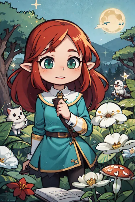 cute, whimsical, adorable, fantasy, fairy, elf, forest, nature, mushrooms, flowers, butterflies, sparkles, moonlight, starry night, magical, enchanted, 
,, (masterpiece, high quality, best quality:1.3), Detailed, 25 year old girl, (elf), (Red-headed:1.4), almond eyes, green eyes, long hair, [curly hair], eye shadow makeup, 162cm tall, oval face, snub nose, heart-shaped lips, arched eyebrows, <lora:breastsizeslideroffset:0>,