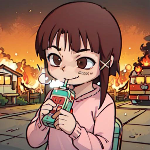 house on (((((fire))))) in background, ((drinking from a juice box)), (1girl, 13 years old, Lain Iwakura, single sidelock, brown hair, short hair, x hair ornament, brown eyes, ((smug)), <lora:lain_10:0.9>)