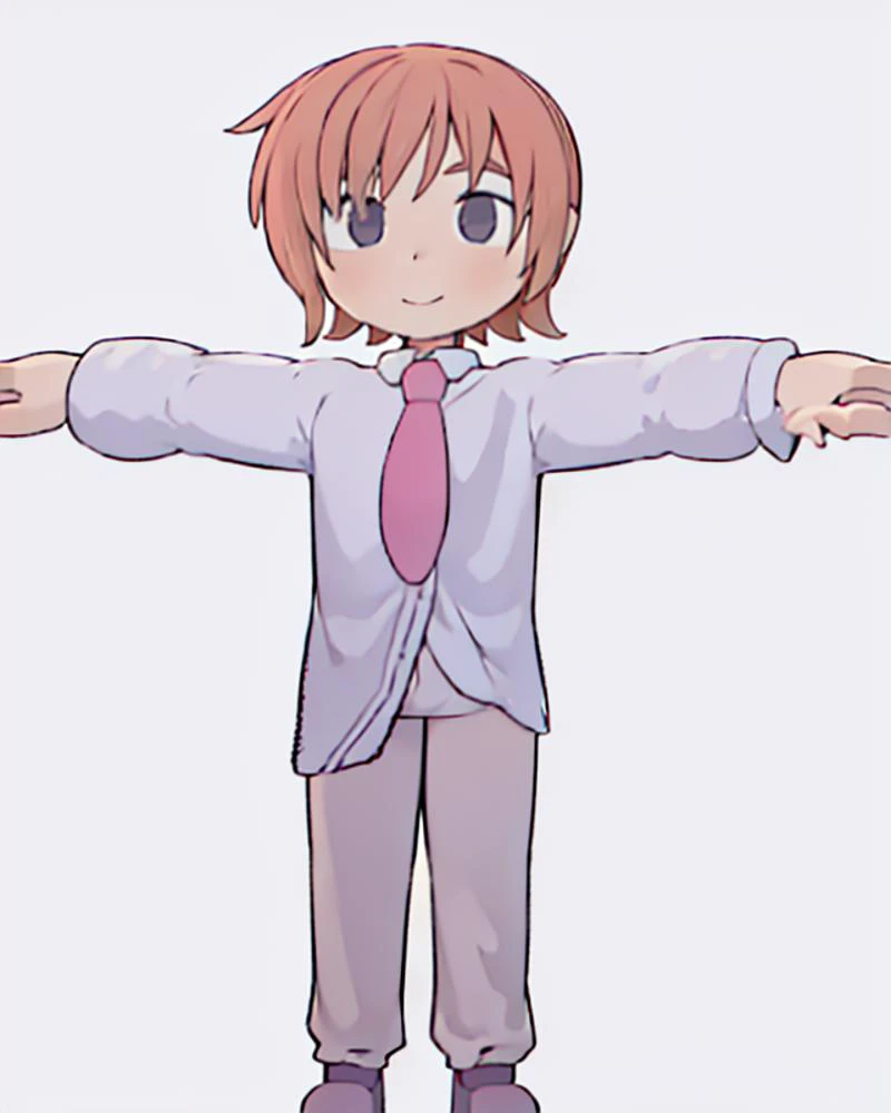 masterpiece, best quality, ultra high res, absurdres, official wallpaper, official art,
1boy, solo, male focus, facing viewer, full body, smile, 
<lora:Senpai_2021_LOCON:1.0> senpaica2021, long sleeves, pink necktie, purple footwear, 
white background, simple background, 
 <lora:TPose:1.0> TPose, outstretched arms, standing