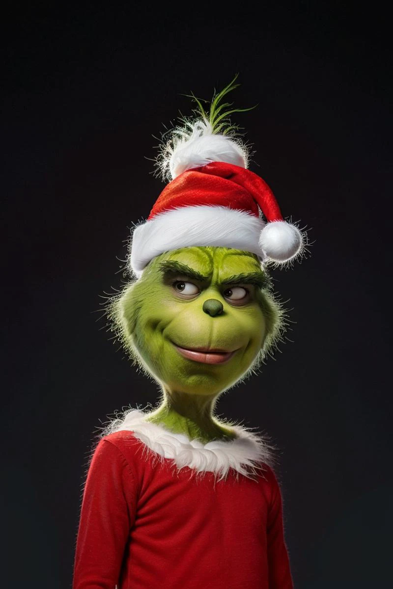 (masterpiece, best quality:1.2), solo,
<lora:Grinch_v2:1>, Grinch, Grinch_Classic, simple background, 1boy, hat, upper body, male focus, black background, christmas, santa hat, santa costume,
smile, looking at viewer,