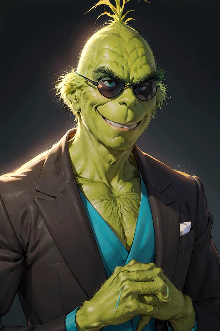((masterpiece,best quality)),
(sunglasses:1.1),
<lora:Grinch_v2:0.8>, Grinch, black tuxedo, black suit,
green skin,
1boy, upper body, male focus, black background, smile, smirk,