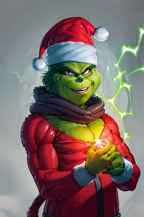 ((masterpiece,best quality)), absurdres,
(energy, aura, electricity,:1.1) ,
muscular,
<lora:Grinch_v2:0.8>, Grinch,
Grinch_Classic, green skin, green fur,
simple background, 1boy, upper body, male focus, black background, christmas, santa costume
<lora:Super_Saiyan_4_Goku_Anime:0.8>, male focus, super saiyan, tail, wristband, pants, red fur, black hair, solo, smiling,
looking at viewer, cowboy shot,