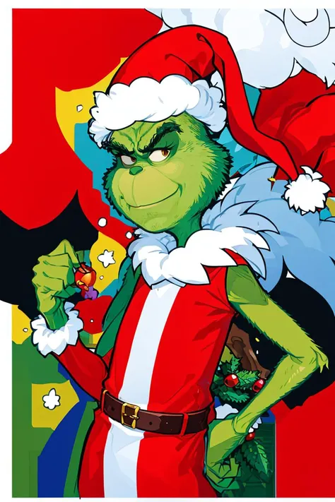 <lora:Harada_Takehito_Background_Dim32:0.8>,((masterpiece,best quality)), absurdres, <lora:Grinch_v2:0.8>, Grinch, simple background, 1boy, hat, upper body, male focus, black background, christmas, santa hat, santa costume, cowboy shot,