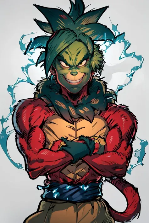 ((masterpiece,best quality)), absurdres,
(energy, aura, electricity,:1.1) ,
muscular,
<lora:Grinch_v2:0.9>, Grinch,
Grinch_Classic, green skin, green fur,
simple background, 1boy, upper body, male focus, black background, christmas, santa costume
<lora:Super_Saiyan_4_Goku_Anime:0.9>, male focus, super saiyan, tail, wristband, pants, red fur, black hair, solo, smiling,
looking at viewer, cowboy shot,