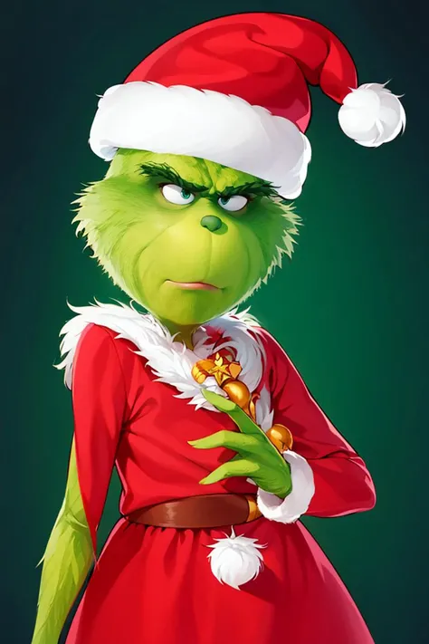 <lora:ricegnat_style:0.8>,((masterpiece,best quality)), absurdres, <lora:Grinch_v2:0.8>, Grinch, simple background, 1boy, hat, upper body, male focus, black background, christmas, santa hat, santa costume, cowboy shot,