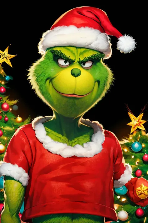 <lora:Genzoman_Style_Dim64:0.6>,((masterpiece,best quality)), absurdres, <lora:Grinch_v2:0.8>, Grinch, simple background, 1boy, hat, upper body, male focus, black background, christmas, santa hat, santa costume, cowboy shot,