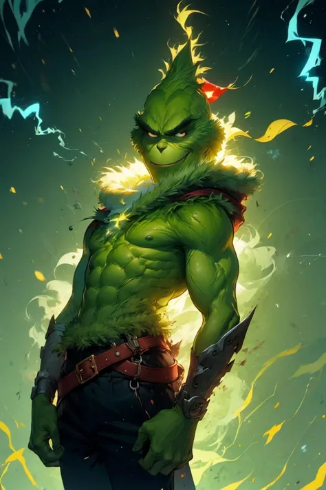 ((masterpiece,best quality)), absurdres,
(energy, aura, electricity,:1.1) ,
muscular,
<lora:Grinch_v2:0.8>, Grinch,
Grinch_Classic, (green skin, green fur:1.1),
1boy, upper body, male focus, black background, christmas, santa costume
muscular, smirk, serious, looking at viewer, cowboy shot, <lora:r1ge - AnimeRage:0.7>, r1ge, blue aura, electricity, big biceps, shirtless, black pants,