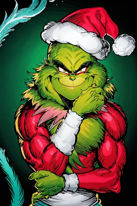 ((masterpiece,best quality)), absurdres,
(energy, aura, electricity,:1.1) ,
muscular,
<lora:Grinch_v2:0.8>, Grinch,
Grinch_Classic, green skin, green fur,
simple background, 1boy, upper body, male focus, black background, christmas, santa costume
<lora:Super_Saiyan_4_Goku_Anime:0.7>, Super_Saiyan_4_Goku, male focus, super saiyan, tail, wristband, pants, red fur, black hair, solo, smiling,
looking at viewer, cowboy shot,