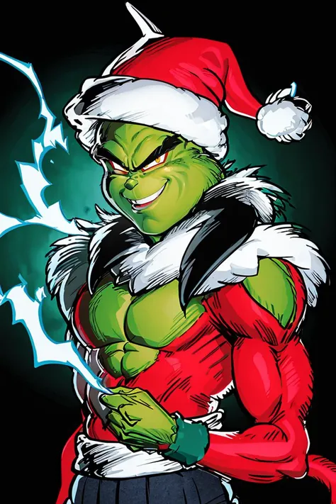 ((masterpiece,best quality)), absurdres,
(energy, aura, electricity,:1.1) ,
muscular,
<lora:Grinch_v2:0.8>, Grinch,
Grinch_Classic, green skin, green fur,
simple background, 1boy, upper body, male focus, black background, christmas, santa costume,
<lora:Super_Saiyan_4_Goku_Anime:0.7>, Super_Saiyan_4_Goku, male focus, super saiyan, tail, wristband, pants, red fur, black hair, solo, smiling,
looking at viewer, cowboy shot,