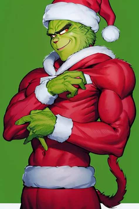 ((masterpiece,best quality)), absurdres,
(energy, aura, electricity,:1.1) ,
muscular,
<lora:Grinch_v2:0.8>, Grinch,
Grinch_Classic, green skin, green fur,
simple background, 1boy, upper body, male focus, black background, christmas, santa costume
<lora:Super_Saiyan_4_Goku_Anime:0.6>, Super_Saiyan_4_Goku, male focus, super saiyan, tail, wristband, pants, red fur, black hair, solo, smiling,
looking at viewer, cowboy shot,