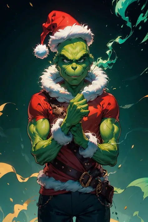 ((masterpiece,best quality)), absurdres,
(energy, aura, electricity,:1.1) ,
muscular,
<lora:Grinch_v2:0.8>, Grinch,
Grinch_Classic, (green skin, green fur:1.1),
1boy, upper body, male focus, black background, christmas, santa costume
muscular, smirk, serious, looking at viewer, cowboy shot, <lora:r1ge - AnimeRage:0.5>, r1ge, blue aura, electricity, big biceps, shirtless, black pants,