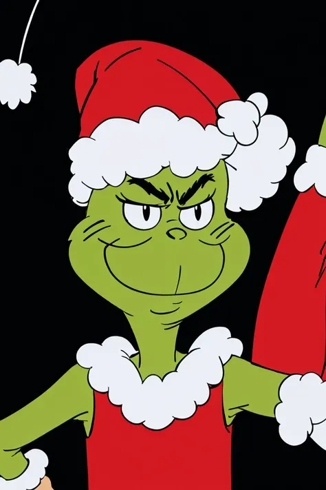 <lora:Alola_Style:0.65>,((masterpiece,best quality)), absurdres, <lora:Grinch_v2:0.8>, Grinch, simple background, 1boy, hat, upper body, male focus, black background, christmas, santa hat, santa costume