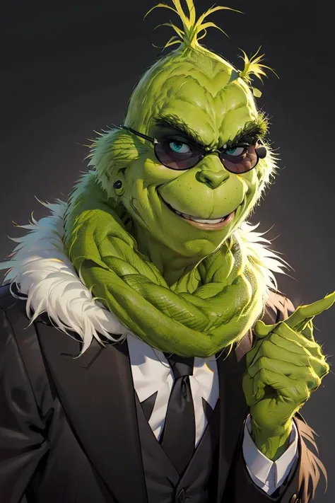 ((masterpiece,best quality)), 
(sunglasses:1.1), 
<lora:Grinch_v2:0.8>, Grinch, black tuxedo, black suit, 
green skin,  
1boy, upper body, male focus, black background, smile, smirk,