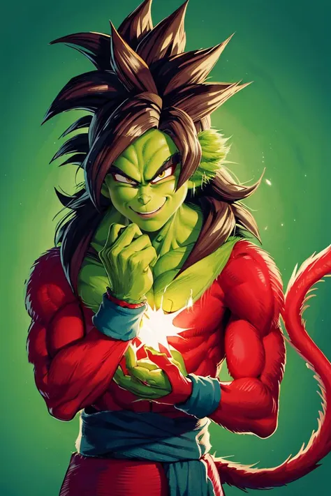 ((masterpiece,best quality)), absurdres,
(energy, aura, electricity,:1.1) ,
muscular,
<lora:Grinch_v2:0.8>, Grinch,
Grinch_Classic, green skin, green fur,
simple background, 1boy, upper body, male focus, black background, christmas, santa costume
<lora:Super_Saiyan_4_Goku_Anime:0.7>, Super_Saiyan_4_Goku, male focus, super saiyan, tail, wristband, pants, red fur, black hair, solo, smiling,
looking at viewer, cowboy shot,