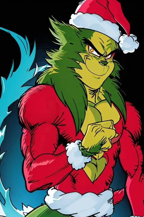 ((masterpiece,best quality)), absurdres,
<lora:Grinch_v2:0.8>, Grinch,
Grinch_Classic, green skin, green fur,
simple background, 1boy, hat, upper body, male focus, black background, christmas, santa costume
energy, aura, electricity, <lora:Super_Saiyan_4_Goku_Anime:0.8>, male focus, super saiyan, tail, wristband, pants, red fur, black hair, solo, smiling, looking at viewer, cowboy shot,