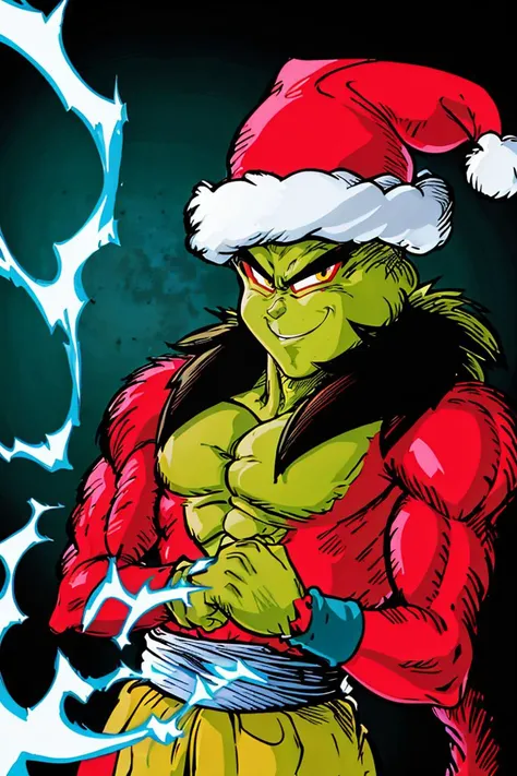 ((masterpiece,best quality)), absurdres,
(energy, aura, electricity,:1.1) ,
muscular,
<lora:Grinch_v2:0.8>, Grinch,
Grinch_Classic, green skin, green fur,
simple background, 1boy, upper body, male focus, black background, christmas, santa costume
<lora:Super_Saiyan_4_Goku_Anime:0.8>, male focus, super saiyan, tail, wristband, pants, red fur, black hair, solo, smiling,
looking at viewer, cowboy shot,