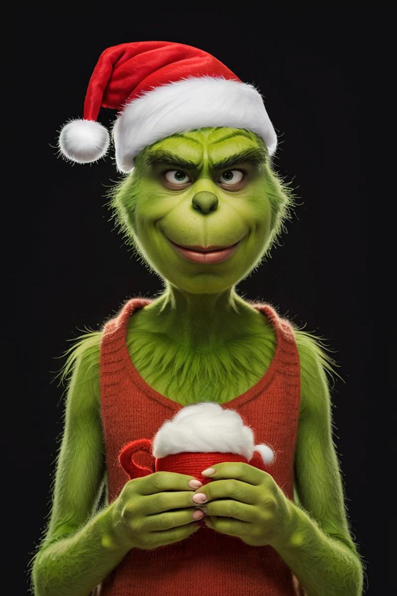 (masterpiece, best quality:1.2), solo,
<lora:Grinch_v2:0.8>, Grinch, Grinch_Classic, simple background, 1boy, hat, upper body, male focus, black background, christmas, santa hat, santa costume,
beautiful eyes, smile, looking at viewer,