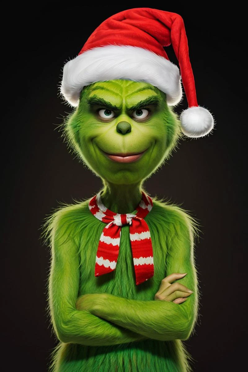 (masterpiece, best quality:1.2), solo,
<lora:Grinch_v2:0.8>, Grinch, Grinch_Classic, simple background, 1boy, hat, upper body, male focus, black background, christmas, santa hat, santa costume,
beautiful eyes, smile, looking at viewer,