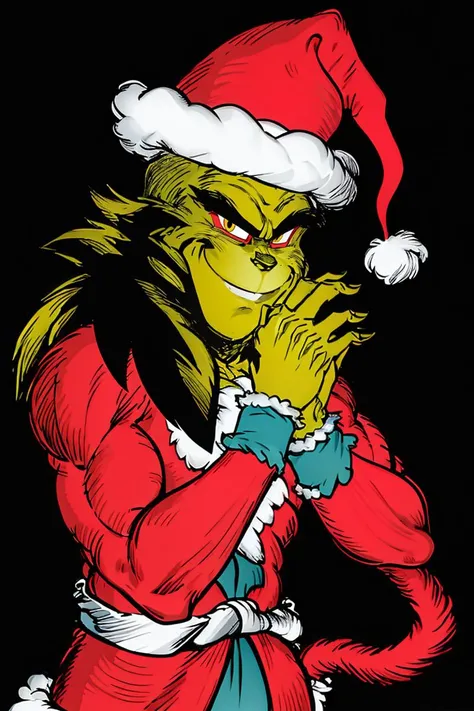 ((masterpiece,best quality)), absurdres,
<lora:Grinch_v2:0.8>, Grinch,
Grinch_Classic, green skin, green fur,
simple background, 1boy, hat, upper body, male focus, black background, christmas, santa costume
energy, aura, electricity, <lora:Super_Saiyan_4_Goku_Anime:0.8>, male focus, super saiyan, tail, wristband, pants, red fur, black hair, solo, smiling, looking at viewer, cowboy shot,