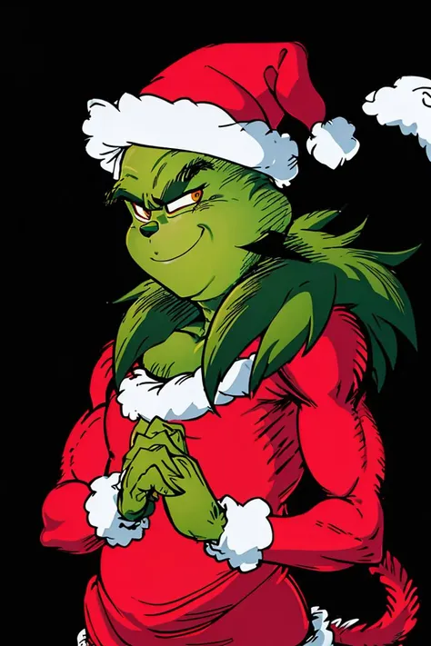 ((masterpiece,best quality)), absurdres,
<lora:Grinch_v2:0.8>, Grinch,
Grinch_Classic, green skin, green fur,
simple background, 1boy, hat, upper body, male focus, black background, christmas, santa costume
energy, aura, electricity, <lora:Super_Saiyan_4_Goku_Anime:0.7>, male focus, super saiyan, tail, wristband, pants, red fur, black hair, solo, smiling, looking at viewer, cowboy shot,