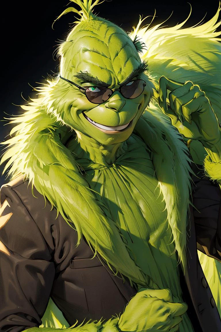 ((masterpiece,best quality)),
(sunglasses:1.1),
<lora:Grinch_v2:0.8>, Grinch, black tuxedo, black suit,
green skin, green fur,
1boy, upper body, male focus, black background, smile, smirk,