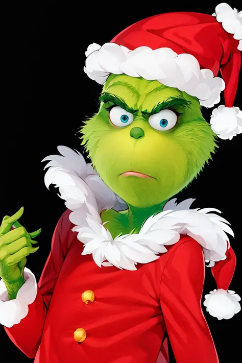 <lora:ricegnat_style:0.8>,((masterpiece,best quality)), absurdres, <lora:Grinch_v2:0.8>, Grinch, simple background, 1boy, hat, upper body, male focus, black background, christmas, santa hat, santa costume