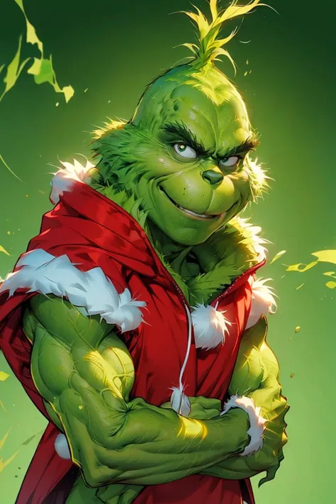 ((masterpiece,best quality)),
<lora:Grinch_v2:0.8>, Grinch,( (muscular, big biceps):1.1), red gym clothes,
Grinch_Classic, (green skin, green fur:1.1),
1boy, upper body, male focus, black background, christmas, santa costume,
smirk, serious, looking at viewer, cowboy shot, green aura, electricity, <lora:r1ge - AnimeRage:0.5>, r1ge,