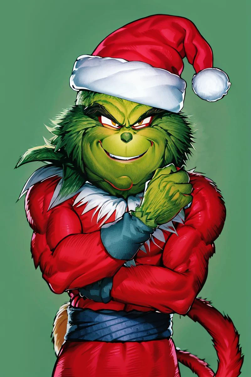 ((masterpiece,best quality)), absurdres,
(energy, aura, electricity,:1.1) ,
muscular,
<lora:Grinch_v2:0.9>, Grinch,
Grinch_Classic, green skin, green fur,
simple background, 1boy, upper body, male focus, black background, christmas, santa costume
<lora:Super_Saiyan_4_Goku_Anime:0.9>, male focus, super saiyan, tail, wristband, pants, red fur, black hair, solo, smiling,
looking at viewer, cowboy shot,