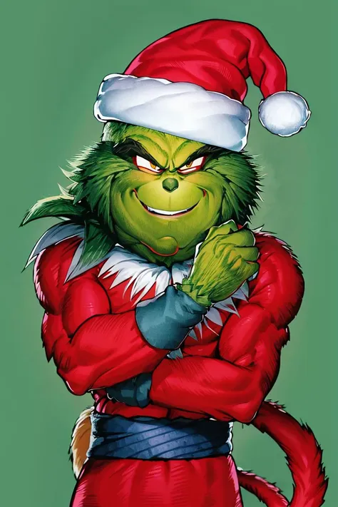 ((masterpiece,best quality)), absurdres,
(energy, aura, electricity,:1.1) ,
muscular,
<lora:Grinch_v2:0.9>, Grinch,
Grinch_Classic, green skin, green fur,
simple background, 1boy, upper body, male focus, black background, christmas, santa costume
<lora:Super_Saiyan_4_Goku_Anime:0.9>, male focus, super saiyan, tail, wristband, pants, red fur, black hair, solo, smiling,
looking at viewer, cowboy shot,