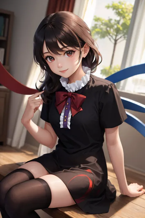 (masterpiece, best quality:1.2), <lyco:touhou_houjuu-10:1.0>, cowboy shot, solo, 1girl, houjuu nue, smile, looking at viewer, sitting, black dress, red bowtie, short sleeves, black thighhighs, asymmetrical wings
