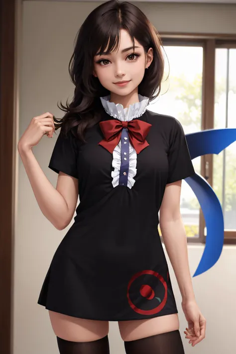(masterpiece, best quality:1.2), <lyco:touhou_houjuu-10:1.0>, cowboy shot, solo, 1girl, houjuu nue, smile, looking at viewer, hand on hip, black dress, red bowtie, short sleeves, black thighhighs, asymmetrical wings
