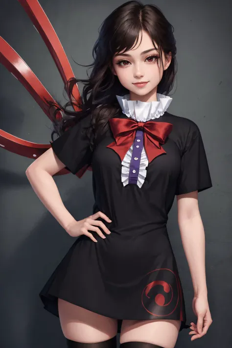 (masterpiece, best quality:1.2), <lyco:touhou_houjuu-10:1.0>, cowboy shot, solo, 1girl, houjuu nue, smile, looking at viewer, hand on hip, black dress, red bowtie, short sleeves, black thighhighs, asymmetrical wings