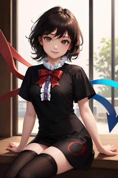 (masterpiece, best quality:1.2), <lyco:touhou_houjuu-10:1.0>, cowboy shot, solo, 1girl, houjuu nue, smile, looking at viewer, sitting, black dress, red bowtie, short sleeves, black thighhighs, asymmetrical wings