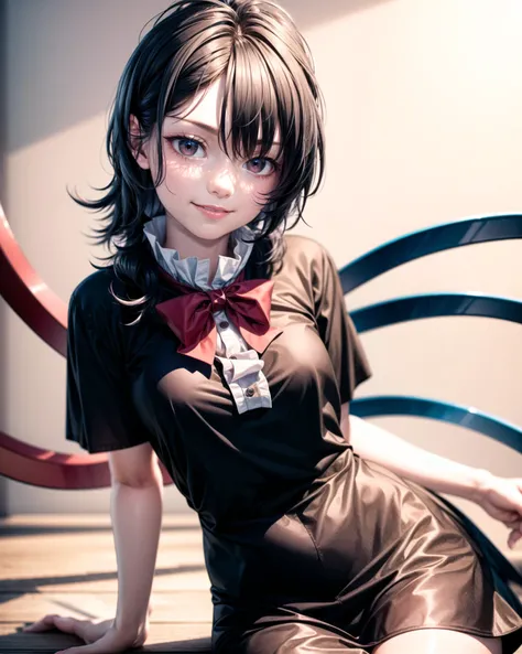 <lora:touhou_houjuu-10:1.0>, cowboy shot, solo, 1girl, houjuu nue, smile, looking at viewer, sitting, black dress, red bowtie, short sleeves, black thighhighs, asymmetrical wings, <lora:add_detail:1>, masterpiece, best quality